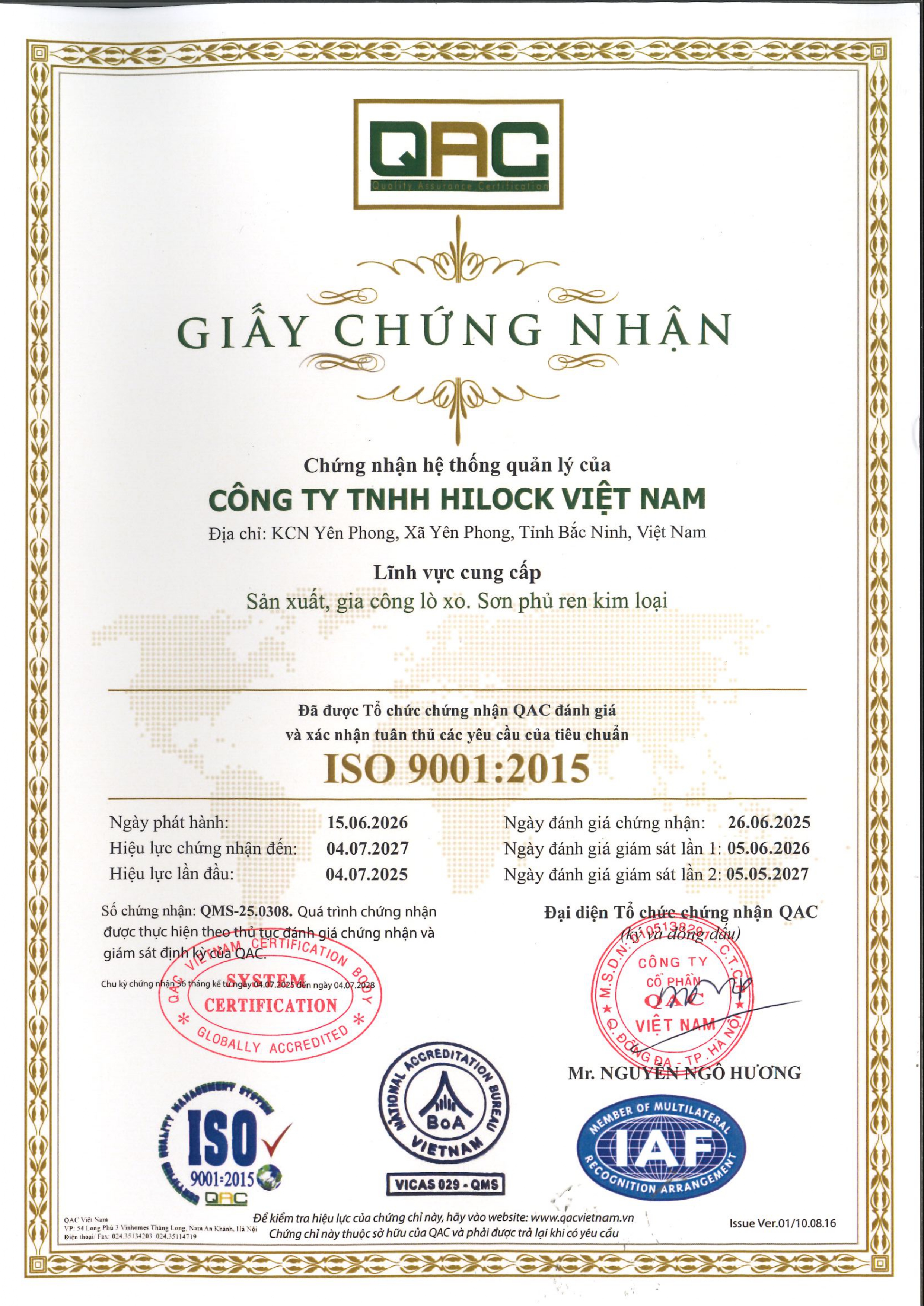 Chứng chỉ ISO 9001:2015 của Hilock Vietnam bằng tiếng Việt